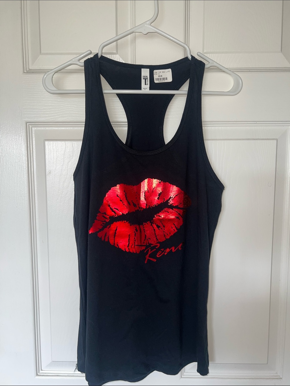 Black Reno Racerback Tank with Red Foil Lip Print